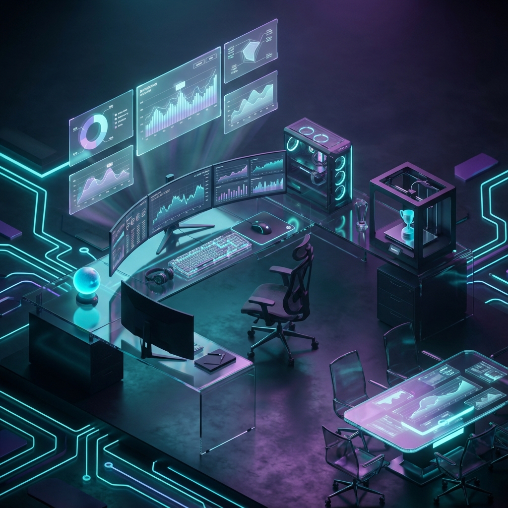 Futuristic 3D Digital Marketing Workspace